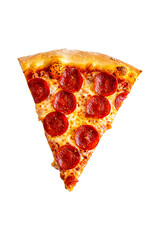 Tasty isolated slice of pepperoni pizza on a white background for a delicious Italian snack meal