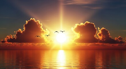Brilliant golden sunrise or sunset over calm ocean water with dramatic clouds silhouetted by intense light rays and a small flock of birds flying across the bright sun