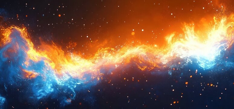 Vivid swirling cosmic energy with fiery orange and cool blue flames blending in space with bright particles and dynamic motion