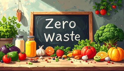 A vibrant still life showcasing the concept of zero waste with colorful fresh produce. A chalkboard with text is the focal point