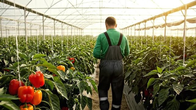 Farmer Harvesting Bell Peppers in Greenhouse with Natural Light and Green Foliage Focus on Red and Orange Peppers Growing in Rows Under Sunlight Conditions Inside Cultivation Farming Concept