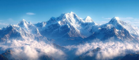 Majestic snow-covered mountain range with clear blue sky and misty clouds in the valleys creating a serene and breathtaking natural landscape