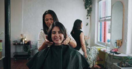 Hairdresser, grooming and women in hair salon, face or discussion for haircare, talk and appointment. Beauty, entrepreneur and texture maintenance in small business, services and hairstyle for client