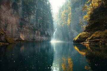 Serene waterfall cascading between tall rocky cliffs into a calm reflective lake surrounded by lush green and golden trees under soft diffused light
