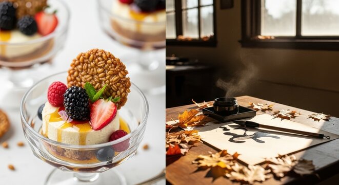 Japaneese cheesecake A delightful dessert featuring fresh berries, a crispy cookie, and a creamy base, all elegantly presented in a glass dish.