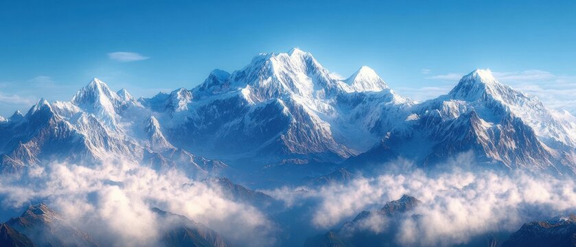 Majestic snow-covered mountain range with clear blue sky and misty clouds in the valleys creating a serene and breathtaking natural landscape