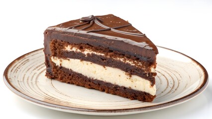 Close-up slice of layered chocolate cake with cream filling and glossy chocolate icing served on a ceramic plate, ideal for dessert menus, bakery promotions, and sweet food concepts