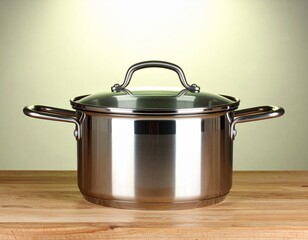 A large, shiny stainless steel stockpot with a lid, positioned in studio lighting with a subtle warm glow backdrop.