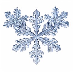 Detailed close-up of a complex snowflake, light blue hues, intricate crystalline structure,  against a plain white background