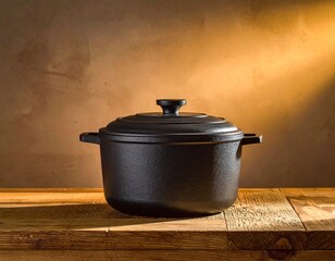 A black cast iron Dutch oven with a lid on a wooden surface. Warm, dramatic lighting highlights the pot against a dimly lit background.