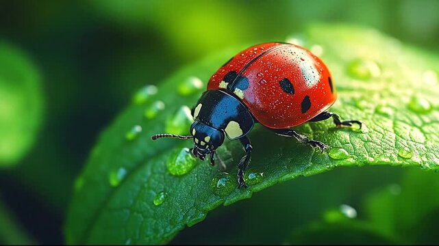 Close-up of a ladybug on a dewy green leaf