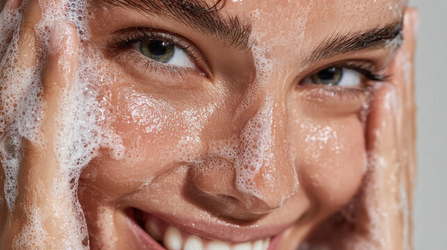 Young Woman Washing Her Face with Abundant Foam and Glossy Smooth Skin