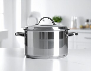 A large, stainless steel stockpot with a matching lid and side handles sits on a white counter, showcased in high-key lighting.
