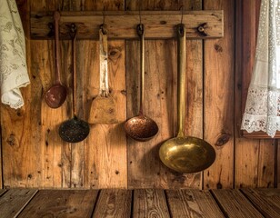 Rustic wooden wall with antique copper and brass pots and pans hanging from hooks. Warm, moody lighting creates a cozy, old-world kitchen atmosphere.