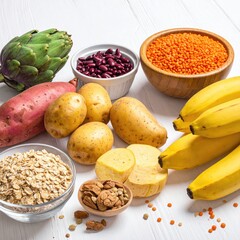 Assorted whole foods, including root vegetables, legumes, and grains