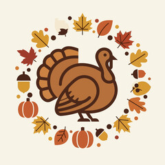 Thanksgiving Turkey with Autumn Leaves and Pumpkins Wreath.