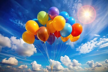 A vibrant cluster of colorful balloons ascends against a backdrop of a brilliant blue sky adorned with fluffy white clouds, bathed in the warm glow of the sun.