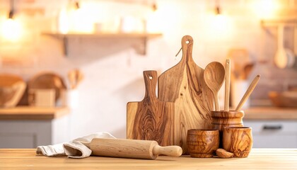 Multiple wooden cutting boards arranged on a kitchen counter, creating a warm, rustic, and natural cooking atmosphere.