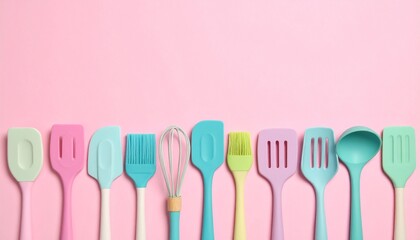 Bright and colorful silicone kitchen utensils arranged neatly against a pastel background, showcasing modern and playful cooking tools.