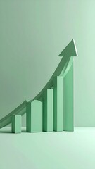 A light sage-green, 3D illustration of a rising graph.  A large upward-pointing arrow curves above and connects to a series of vertical bars, all the same shade, on a plain sage-green background