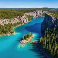 Aerial view of turquoise lake and forest cliffs
