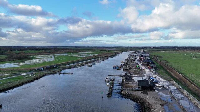 Southwold Harbour mooring in Suffolk UK drone,aerial