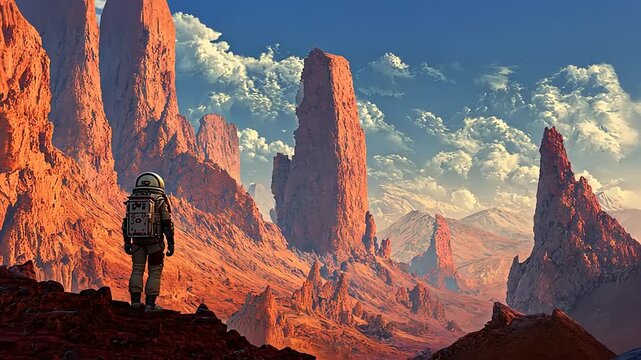 Astronaut exploring a surreal red rocky landscape under a vibrant sky, with distant mountains visible