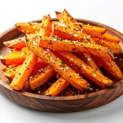 Golden-orange sweet potato fries on a wooden plate.  Crispy, seasoned, and piled high