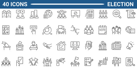 Election line icon set. Includes democracy, vote, government, campaign, political, ballot, and president. Editable stroke. Vector illustration