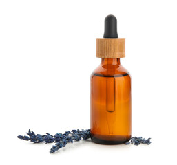 Bottle of lavender essential oil isolated on white background, closeup