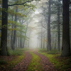 Misty forest path with soft morning light