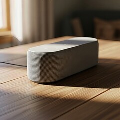 Modern smart home speaker on wooden surface