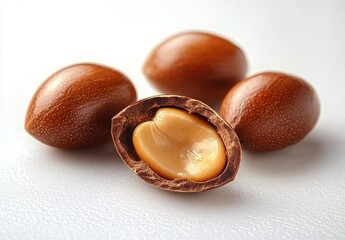 Close-up of four smooth brown argan nuts on a white surface, one nut cracked open revealing the kernel inside, showcasing natural texture and details