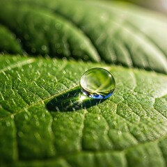 Water droplet resting on fresh green leaf