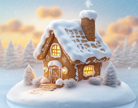 Cozy gingerbread house covered in snow with glowing windows surrounded by snowy fir trees at sunset under falling snowflakes - Powered by Adobe