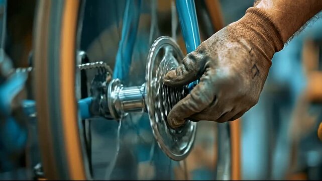 Close-up of a mechanic repairing a bicycle wheel - Powered by Adobe