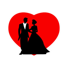 Wedding couple silhouette on red heart background. Vector illustration.
