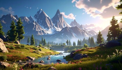 A vibrant vista depicts a mountain range, lush green meadow, and a winding river under a clear blue sky with fluffy clouds