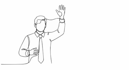 Man in Business Attire Raising Hand in Greeting or Question.