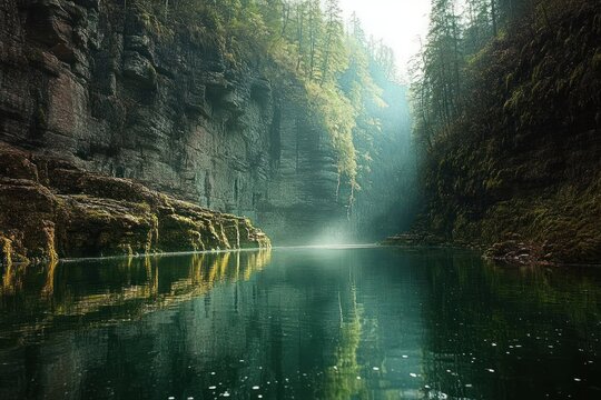 Calm river flowing through a deep rocky canyon with moss covered walls and sunlight filtering through tall forest trees creating serene reflections on the water - Powered by Adobe