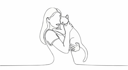 Continuous line drawing of a woman tenderly holding and embracing her beloved cat, showcasing a strong bond.
