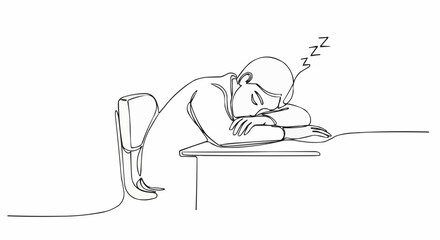 Line Drawing of a Person Sleeping at a Desk.