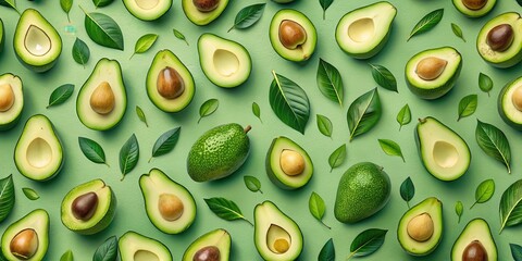 A vibrant pattern of halved and whole avocados arranged with lush green leaves on a pastel green background.