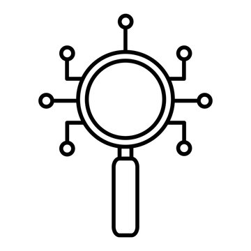 magnifying glass with neural network nodes line icon with editable stroke