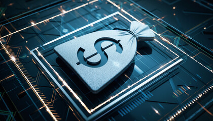 Digital Wealth: A stylized digital image of a money bag with a dollar sign superimposed over a complex circuit board, symbolizing wealth, financial technology and the digital economy.