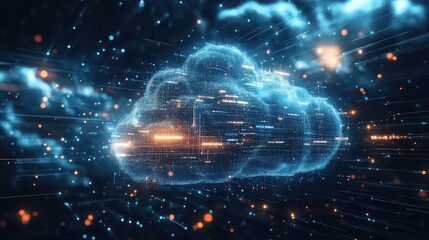 Digital cloud computing concept with glowing particles and network connections