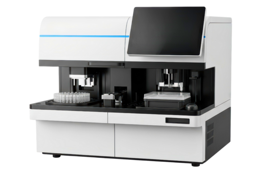 Medical laboratory equipment for automated blood sample analysis on a transparent background