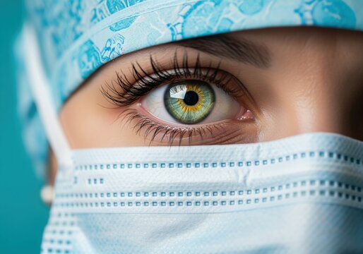 Intense close up of female surgeon green eye with mask and cap