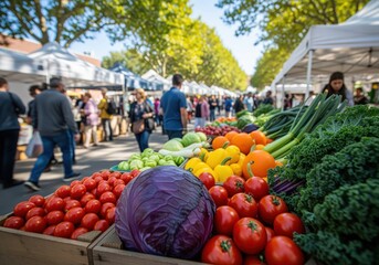 Vibrant fresh vegetables and produce display at a bustling outdoor farmers market