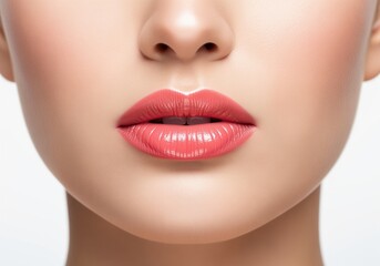 Fototapeta premium Close up of a woman face with glossy coral lipstick and perfect lips